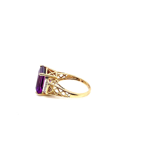 Gold Amethyst Natural Diamond Ring | 10K Elegant Jewelry