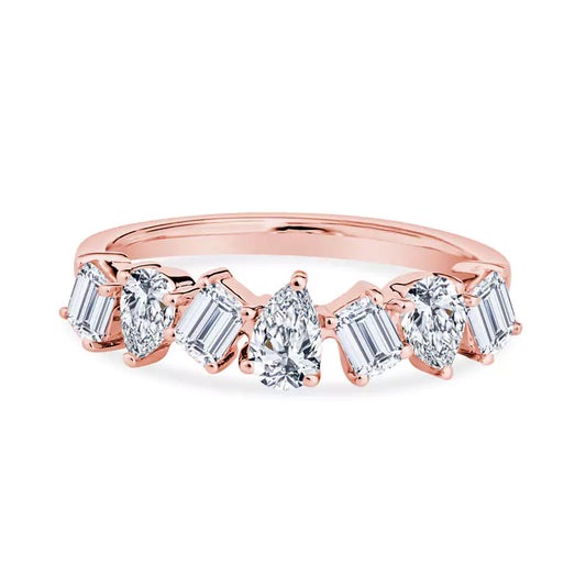 Enchanted Journey: Pear & Emerald Diamonds Dance in This Unique18K Rose Gold Wedding Band