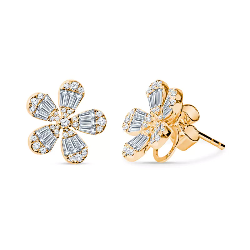 Blooming Brilliance: Baguette & Round Diamonds Dazzle in Floral Yellow Gold Earrings
