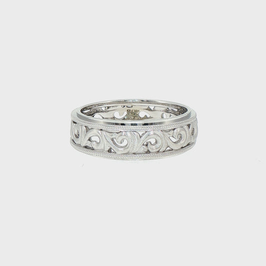 14kt White Gold Openwork Scroll Band Ring with Milgrain Edge