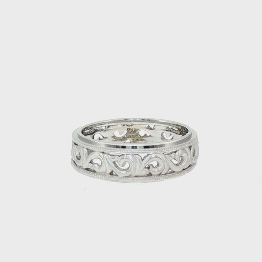 14kt White Gold Openwork Scroll Band Ring with Milgrain Edge