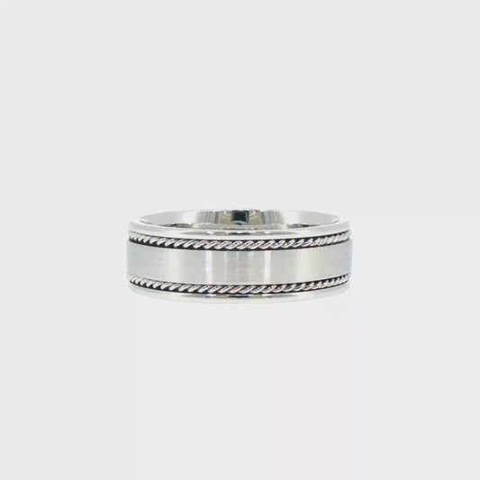 Brushed 14kt White Gold Comfort Fit Wedding Band with Twisted Rope Detailing